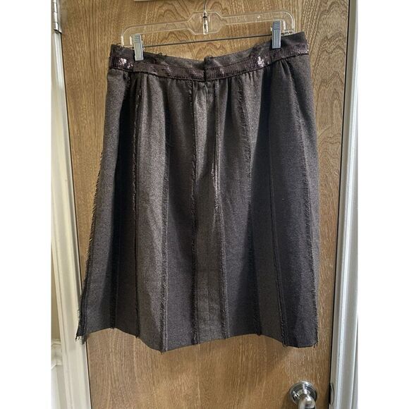 DOROTHEE BIS SKIRT BROWN W/SEQUIN BAND PLEATS DOWN W/TORN FRINGE SIZE 10 **READ - Picture 7 of 11